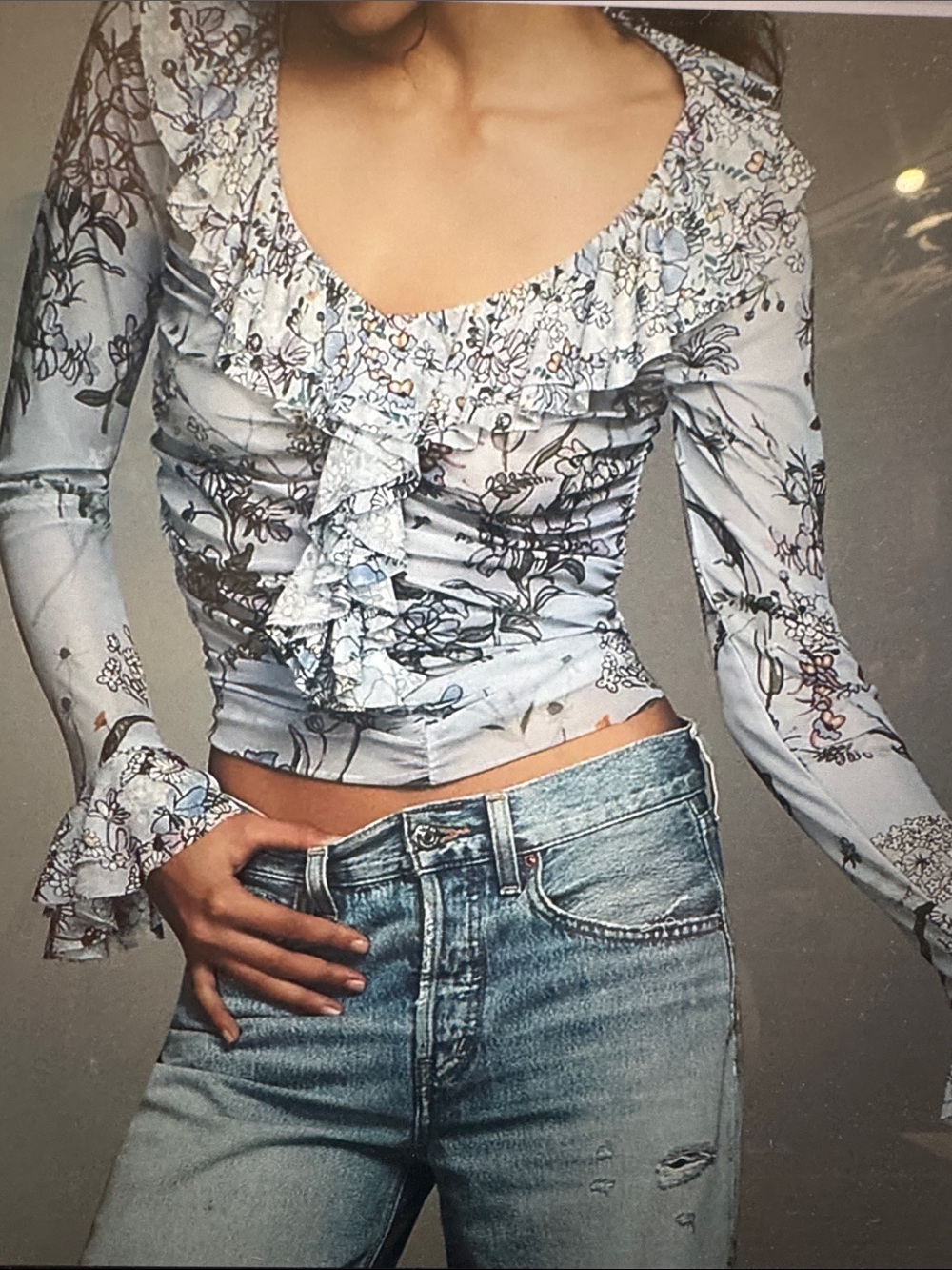 By Anthropologie Floral Ruffle V-Neck Blouse
